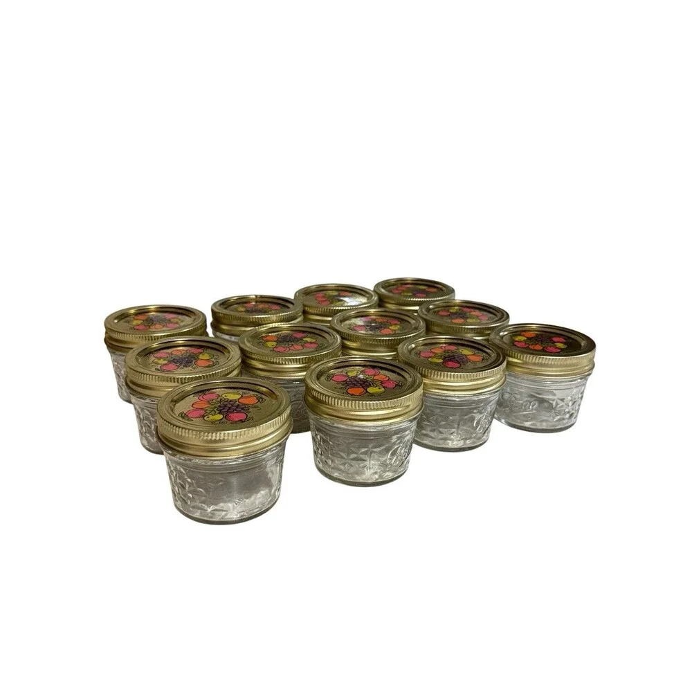 12 Vintage Ball Quilted Crystal 4 Ounce Jelly Jars w Lids Decorative Fruit Top